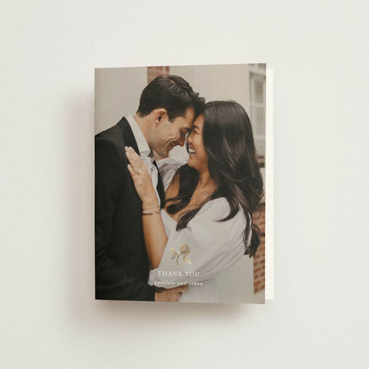 "Here With You" - Foil-Pressed Folded Wedding Thank You Cards in Classic Bride by Design Lotus - Front