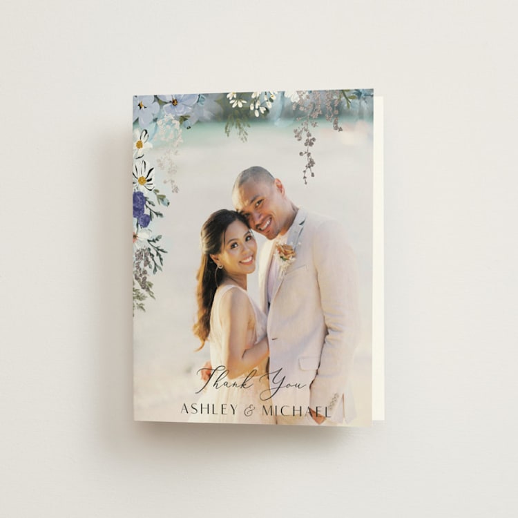 "Layered florals" - Foil-Pressed Folded Wedding Thank You Cards in Serenity by Susan Moyal - Front