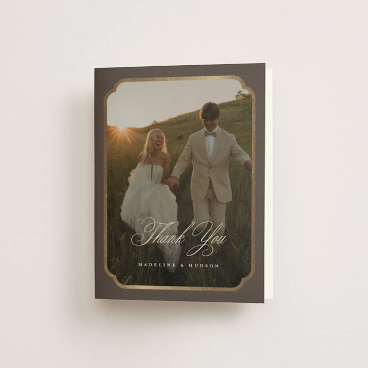 "Arch Frame" - Foil-Pressed Folded Wedding Thank You Cards in Cognac by Emily Betts - Front