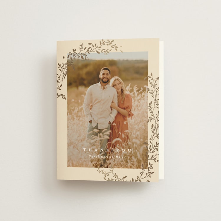 "Leafy Garland" - Foil-Pressed Folded Wedding Thank You Cards in Sand by Creo Study - Front
