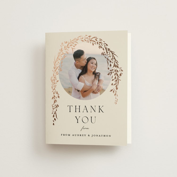 "Trailing Vines" - Foil-Pressed Folded Wedding Thank You Cards in Almond by Erin L. Wilson - Front
