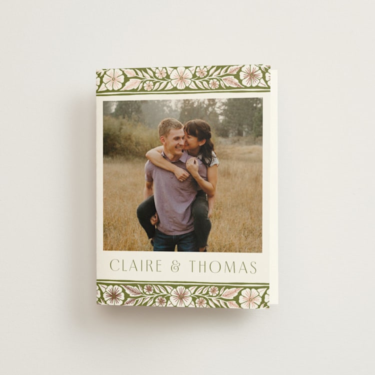 "Inlay Frame" - Foil-Pressed Folded Wedding Thank You Cards in Avocado by Katharine Watson - Front