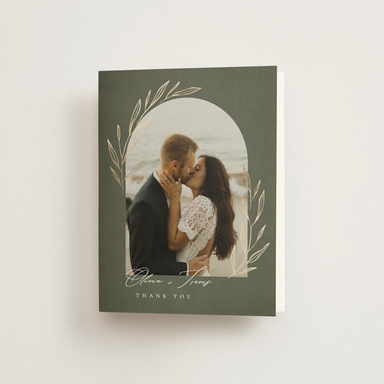 "Leaves" - Foil-Pressed Folded Wedding Thank You Cards in Moss by Kelly Schmidt - Front