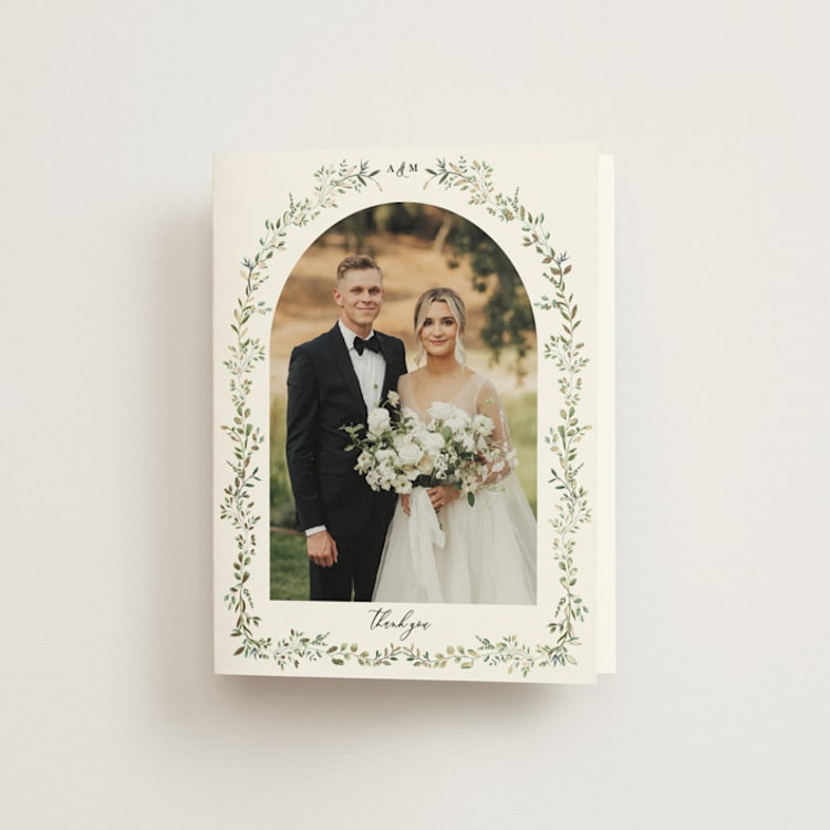 "Monogramed Arch" - Foil-Pressed Folded Wedding Thank You Cards in Mojito by Susan Moyal - Front
