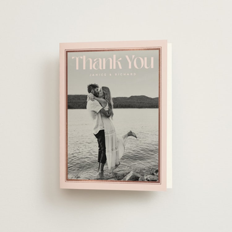 "News!" - Foil-Pressed Folded Wedding Thank You Cards in Strawberry by Claudia Orengo - Front