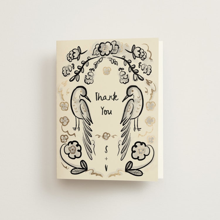"Santa Catalina" - Foil-Pressed Folded Wedding Thank You Cards in Ink Wash by Ani Somi - Front
