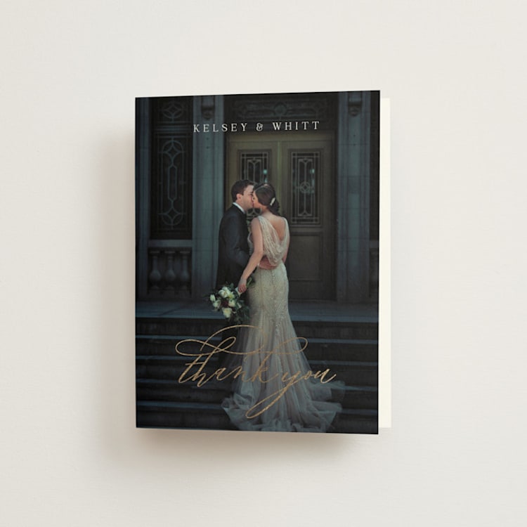"Over Monogram" - Foil-Pressed Folded Wedding Thank You Cards in Stormy by Jessica Williams - Front