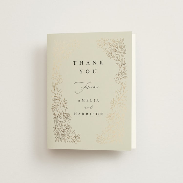 "Foil Botanical Frame" - Foil-Pressed Folded Wedding Thank You Cards in Taupe by Hannah Williams - Front