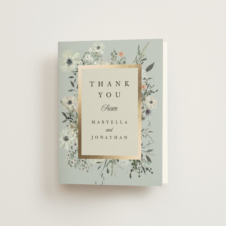 "Blue Garden" - Foil-Pressed Folded Wedding Thank You Cards in Mist by Hannah Williams - Front
