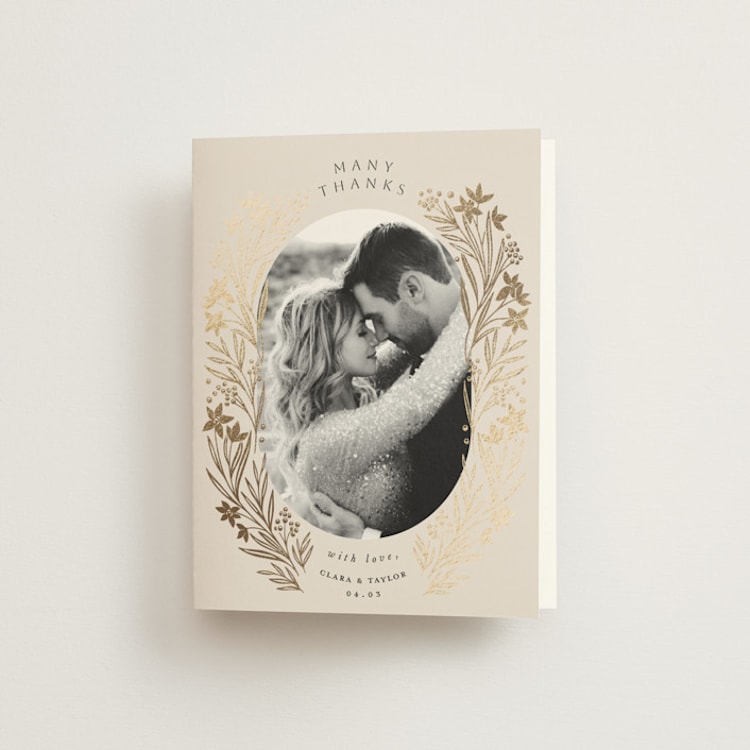 "Floral Border" - Foil-Pressed Folded Wedding Thank You Cards in Champagne by Leah Bisch - Front