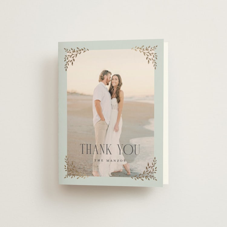 "Enchanted" - Foil-Pressed Folded Wedding Thank You Cards in Mist by Laura Hankins - Front