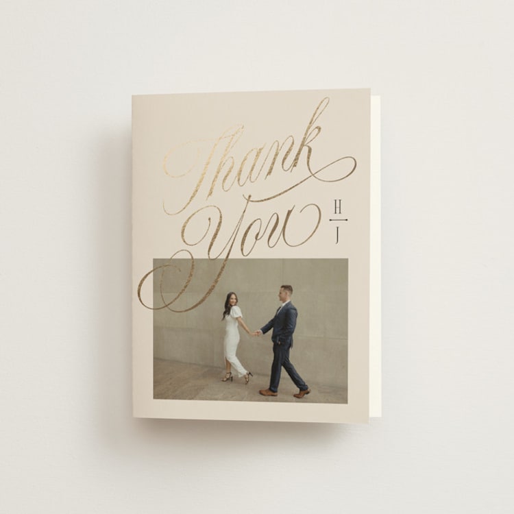"Mirin" - Foil-Pressed Folded Wedding Thank You Cards in Linen by Kate Ahn - Front