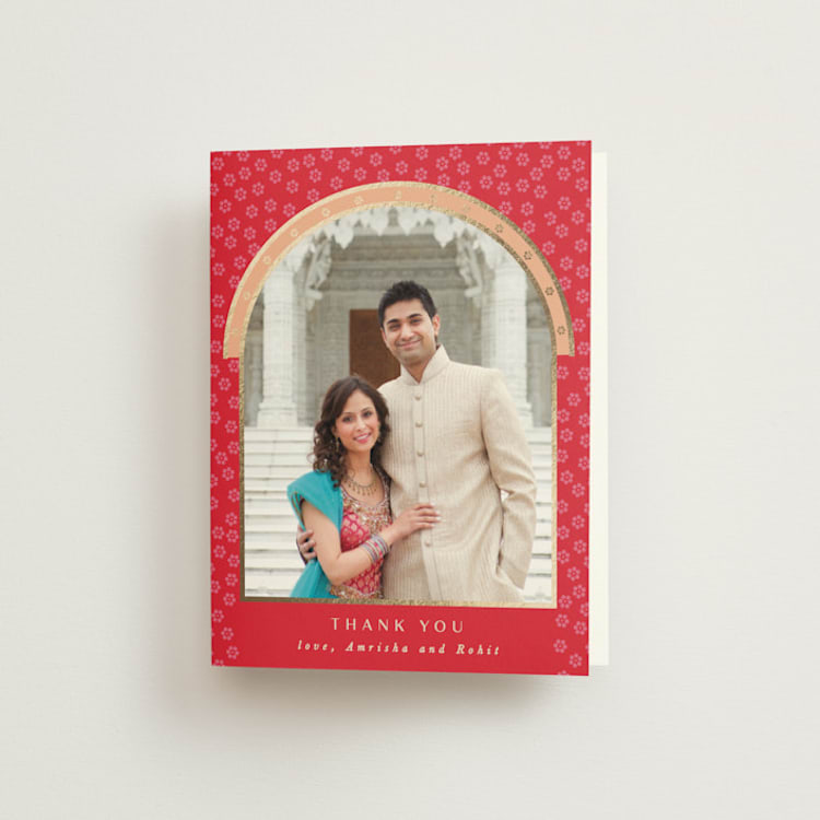 "Indian garden" - Foil-Pressed Folded Wedding Thank You Cards in Sindoor by Creo Study - Front