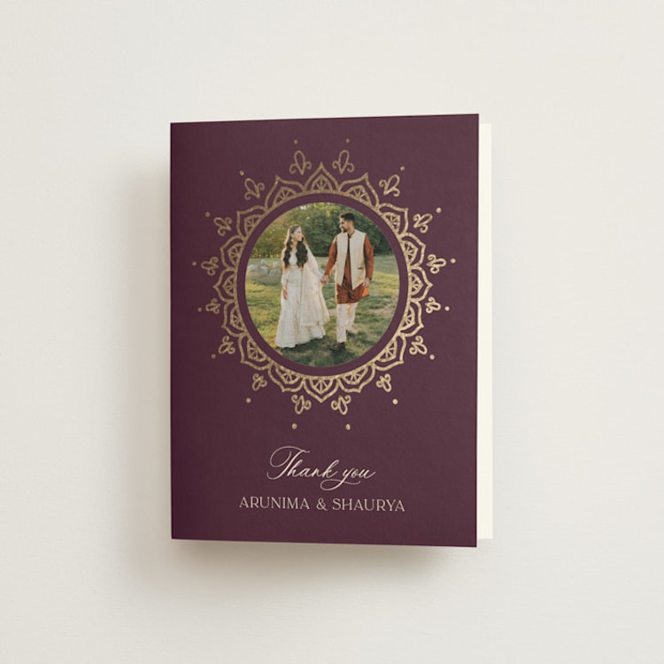 "Arunima" - Foil-Pressed Folded Wedding Thank You Cards in Plum by Randi Cirelli - Front