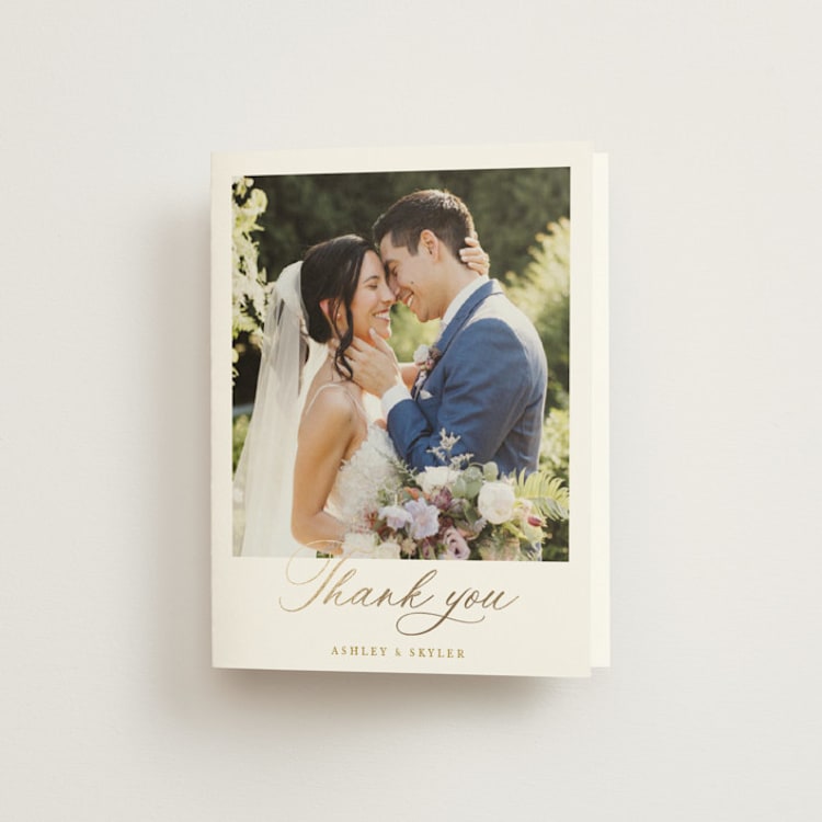 "watercolor flowers crest" - Foil-Pressed Folded Wedding Thank You Cards in Champagne by Cass Loh - Front