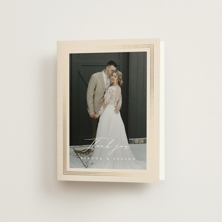 "Soleil" - Foil-Pressed Folded Wedding Thank You Cards in Latte by Kristie Kern - Front