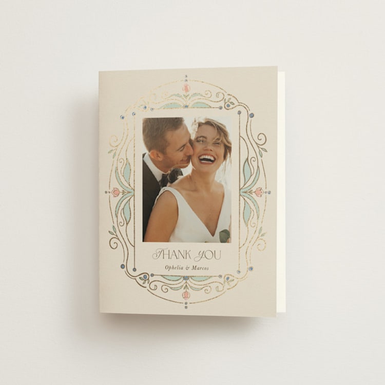 "Ornate Elegance" - Foil-Pressed Folded Wedding Thank You Cards in Ivory by Maria Hilas-Louie - Front