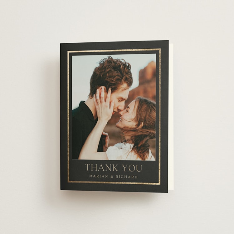 "Timeless Charm" - Foil-Pressed Folded Wedding Thank You Cards in Charcoal by Lucrecia Caporale - Front