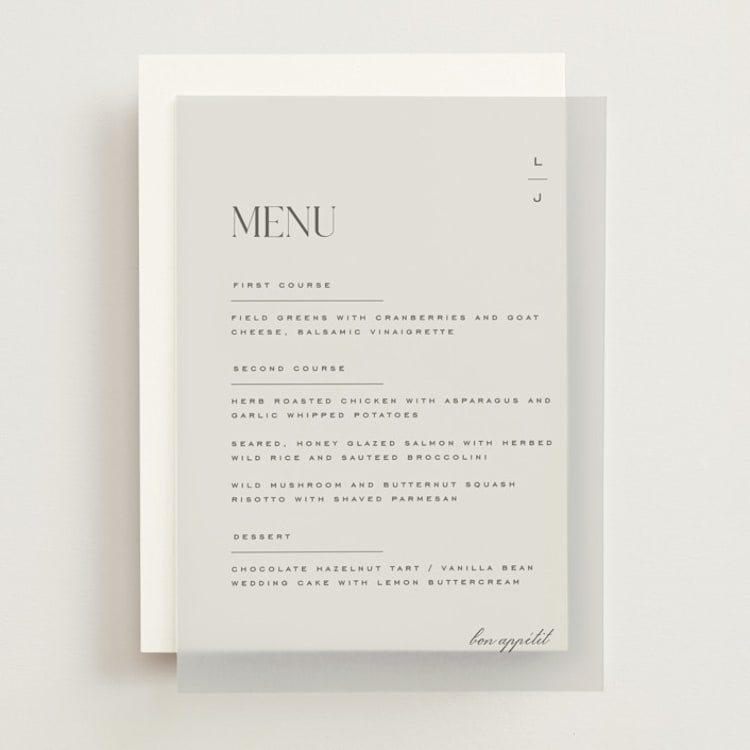 "Clarity" - Vellum Menus in Charcoal by Heather Cairl - Front