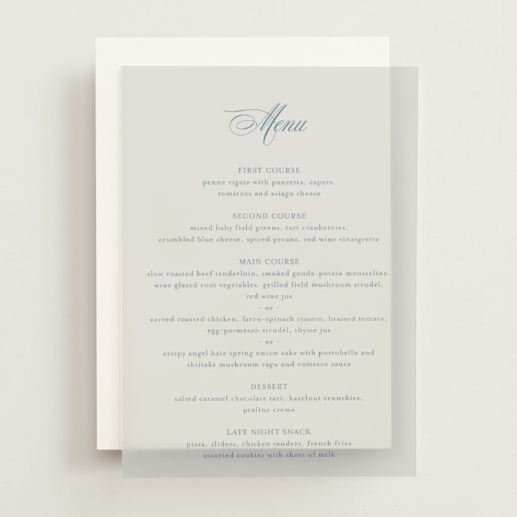"Empire" - Vellum Menus in Dusty Blue by Jennifer Postorino - Front