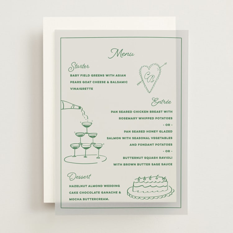 "Crazy Little Thing Called Love" - Vellum Menus in Avocado by Helena Vitto - Front