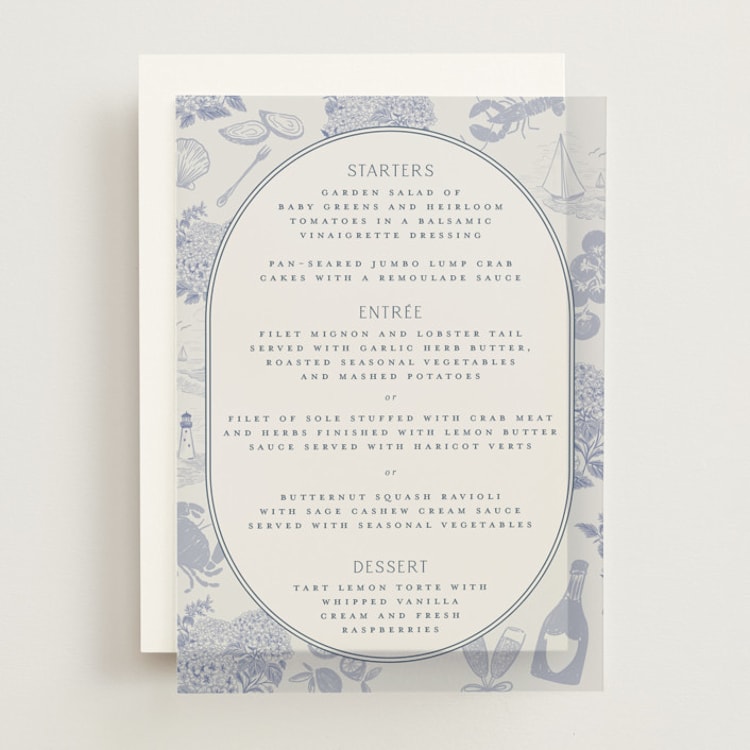 "Coastal Toile" - Vellum Menus in Periwinkle by Jenna Holcomb - Front