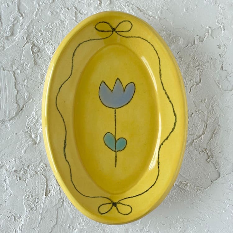 "Yellow Floral Bow Oval Trinket Dish" - Vanity Trays and Dishes in yellow by Quiet Clementine