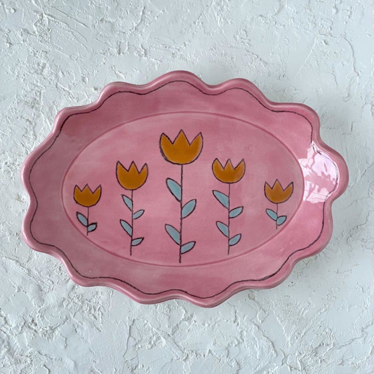 "Pink Floral Oval Wavy Trinket Dish" - Vanity Trays and Dishes in pink by Quiet Clementine