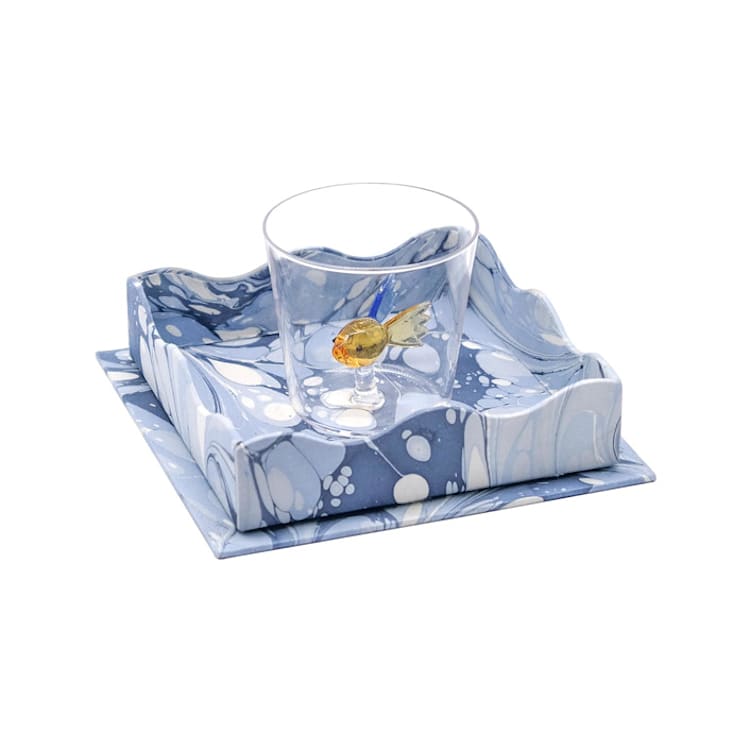 "Nesting Scalloped Hand-Marbled Trays in Ocean Wave - Large" - Vanity Trays and Dishes in blue by Inner Child