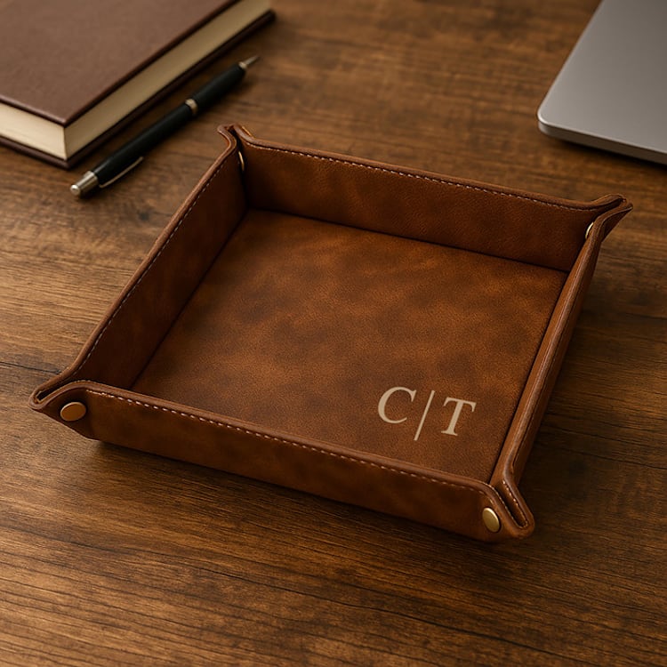 "Personalized Rustic Vegan Leather Valet Tray for Men | Custom EDC Catch All Tray" - Vanity Trays and Dishes in brown by Great Little Favor Co