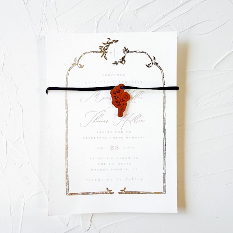 "Leather Floral Invitation Charm, Set of 50" - Belly Bands in brown by Left Grain