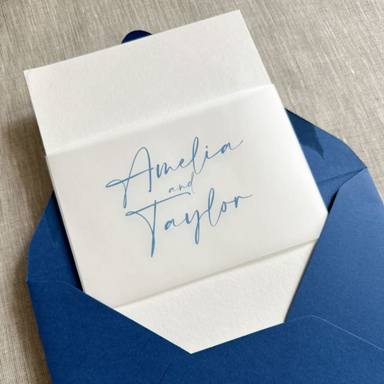 "Custom vellum belly band modern script in blue | Set of 10" - Belly Bands in blue by Orchid Studio