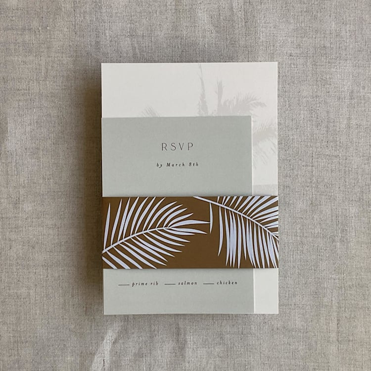 "Palm leaf brown belly band for 5x7 card | pack of 10" - Belly Bands in brown by Ivory Invitations