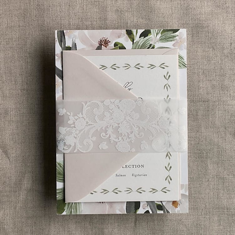 "Labelle floral white vellum belly band for 5x7 card style A | pack of 10" - Belly Bands in white by Ivory Invitations