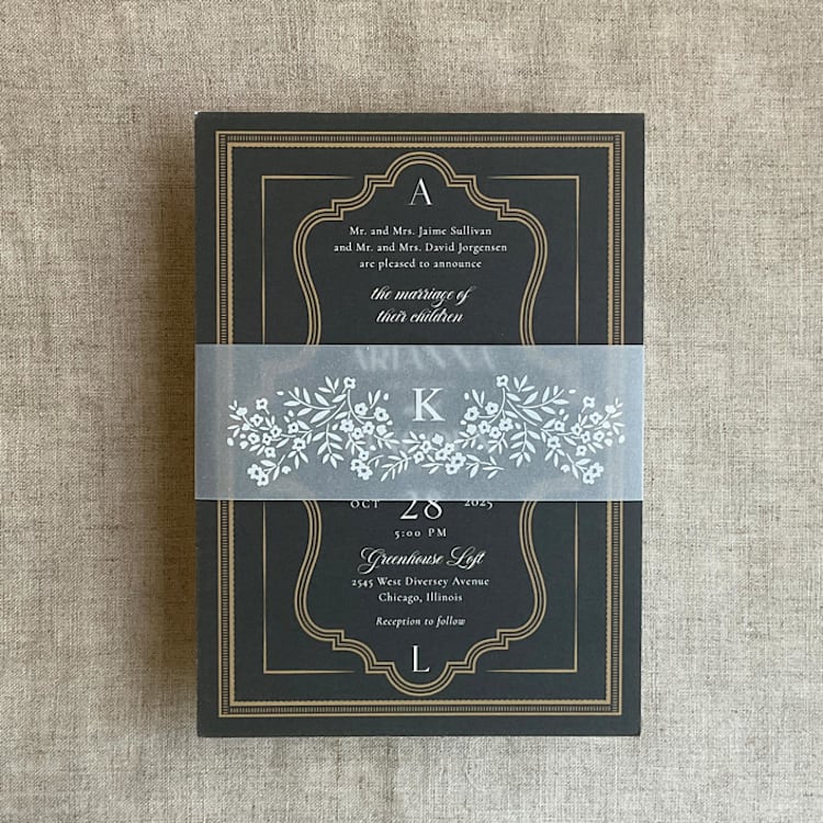 "Floral garland initial belly band for 5x7 Card | pack of 10" - Belly Bands in white by Ivory Invitations