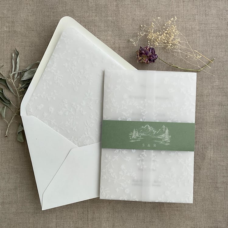 "Mountain sketch belly band for 5x7 card | pack of 10" - Belly Bands in green by Ivory Invitations