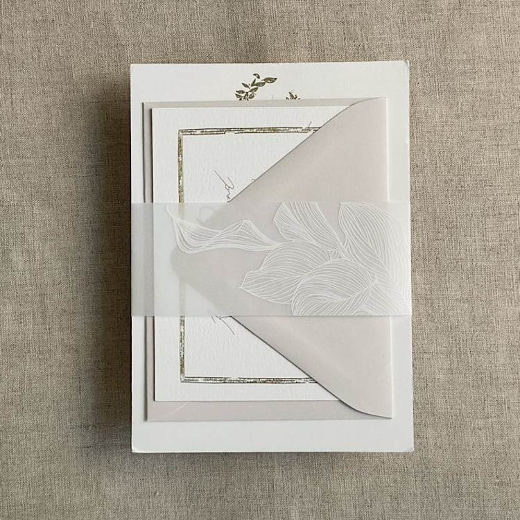 "Calla lily white ink printed vellum belly band for 5x7 card style A | pack of 10" - Belly Bands in white by Ivory Invitations