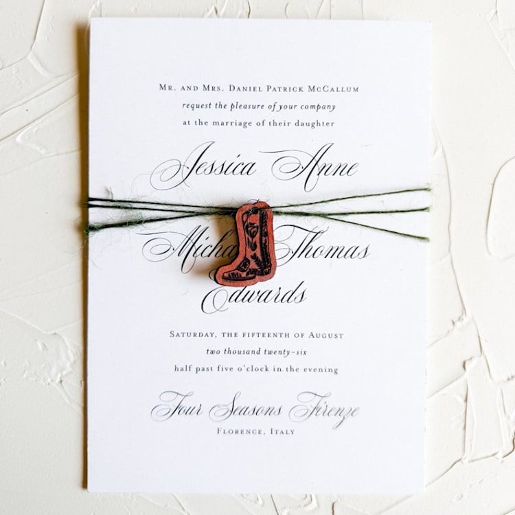 "Leather Flower Boot Invitation Charm, Set of 50" - Belly Bands in brown by Left Grain