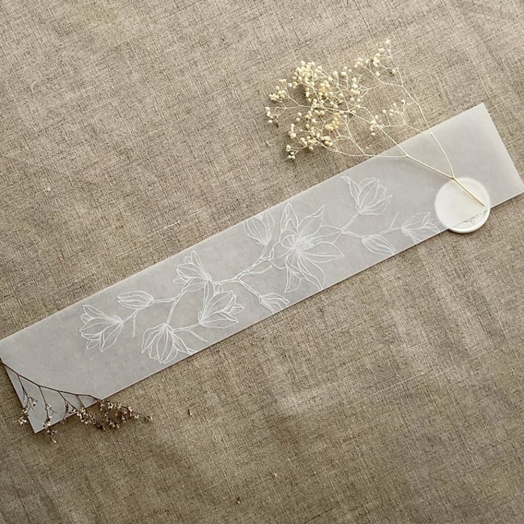 "Magnolia branch white ink printed floral vellum belly band 2 inch wide for 5x7 inches card | pack of 10" - Belly Bands in white by Ivory Invitations