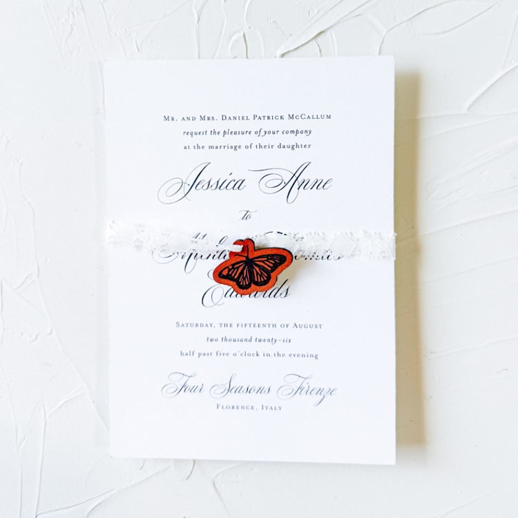 "Leather Butterfly Invitation Charm, Set of 50" - Belly Bands in brown by Left Grain