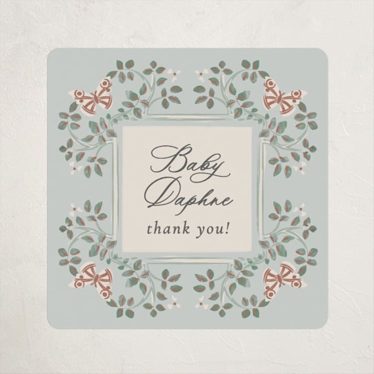"Parisian Roses" - Baby Shower Stickers in Antique Sky by Ana de Sousa - Front