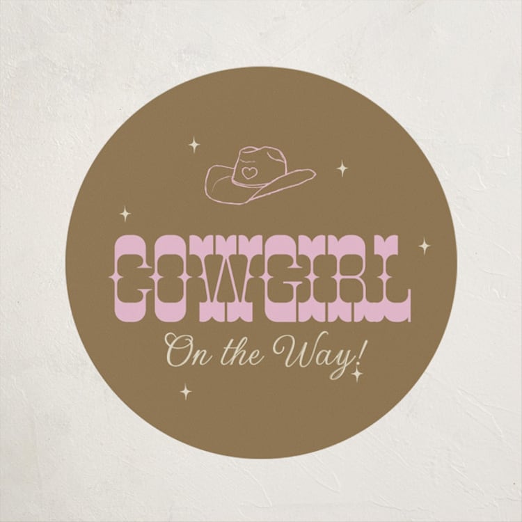 "Cowgirl on the Way!" - Baby Shower Stickers in Cocoa by Maggie Daugherty - Front