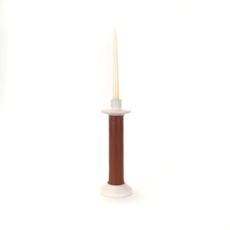 "Handcrafted Leather-Wrapped Candle Holder from Morocco - White/Tall" - Candle Holders in white by Powered By People