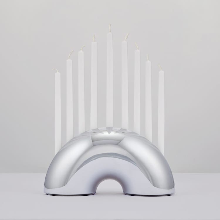 "Nosh Menorah - Chrome" - Candle Holders in pink by Leadoff Studio