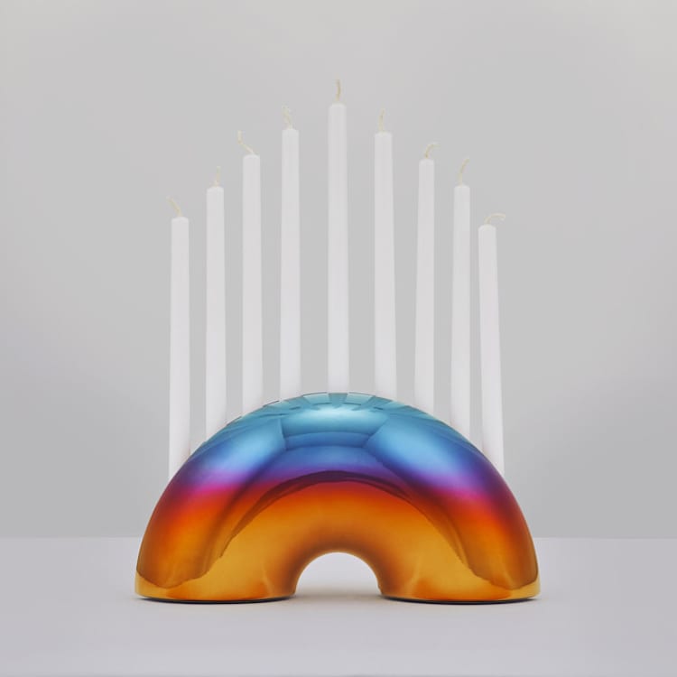 "Nosh Menorah - Sunrise Sunset" - Candle Holders in multicolor by Leadoff Studio