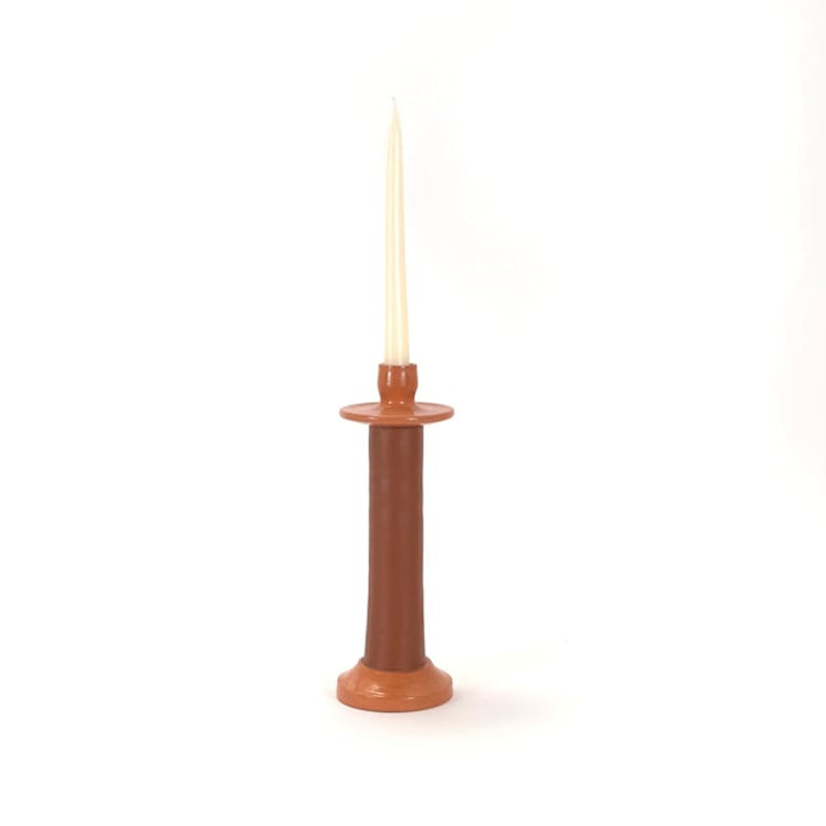 "Handcrafted Leather-Wrapped Candle Holder - Moroccan Design - Brown/Tall" - Candle Holders in orange by Powered By People