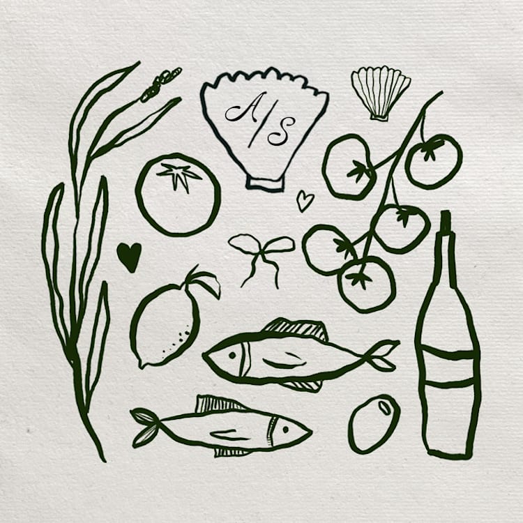 "Custom Amalfi Coast Illustration Set with Monogram" - Commissioned Design Element in black by Lottie Aldarwish