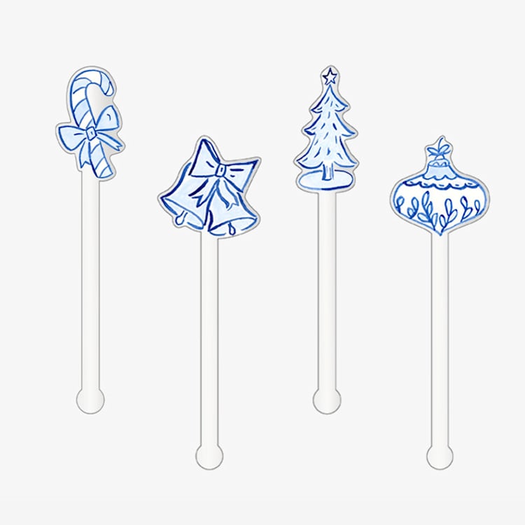 "Blue and White Christmas Acrylic Drink Stir Sticks (Set of 4)" - Stir Sticks in clear by Liesel Anne