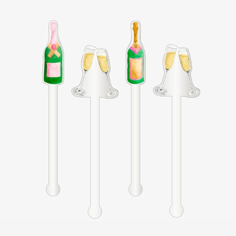 "Champagne Bottles and Flutes Celebration Acrylic Drink Stir Sticks (Set of 4)" - Stir Sticks in clear by Liesel Anne