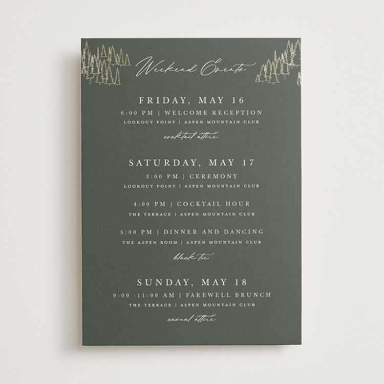 "Peaks" - Wedding Weekend Itinerary Cards in Hunter by Sarah Brown - Front